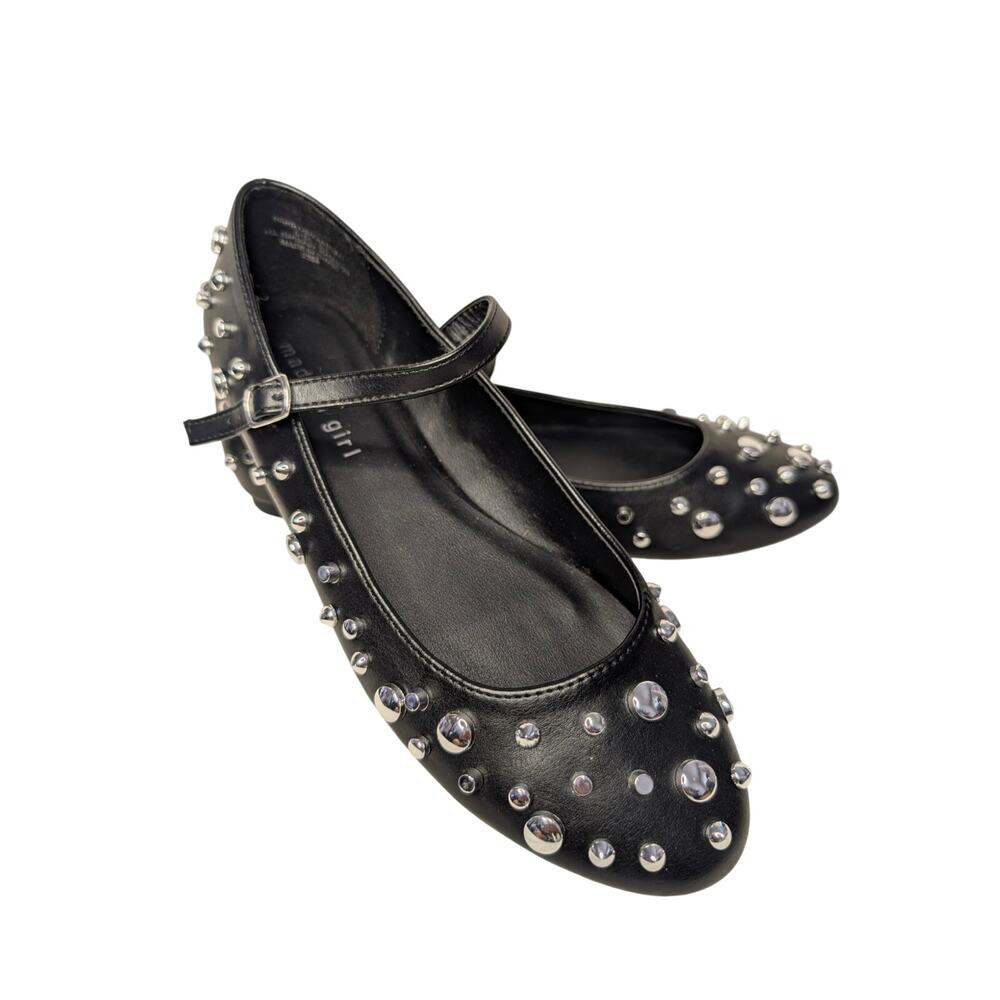 Madden Girl Women Shoes, Parry- Silver Studded Mary Jane Black Ballet Flats, 6.5